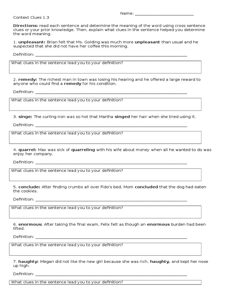 context clues worksheet 1 3 pdf cognition