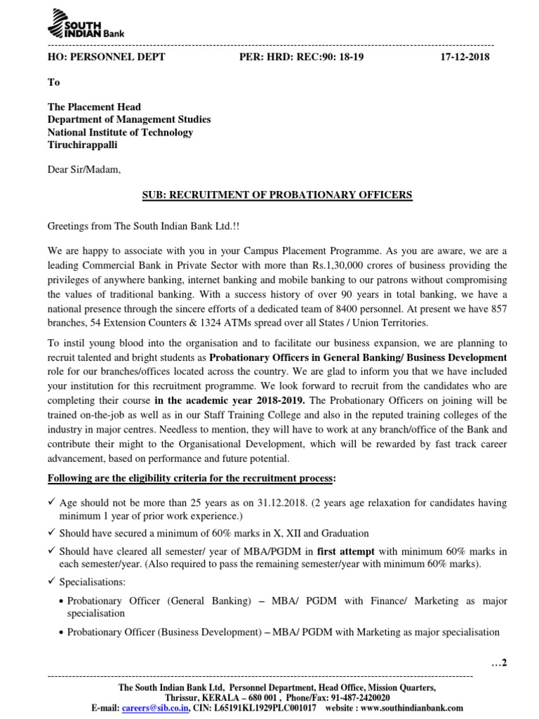 The South Indian Bank LTD, Personnel Department, Head Office, Mission