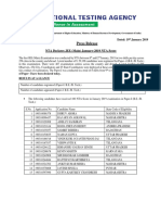 Press Release: NTA Declares JEE (Main) January-2019 NTA Score