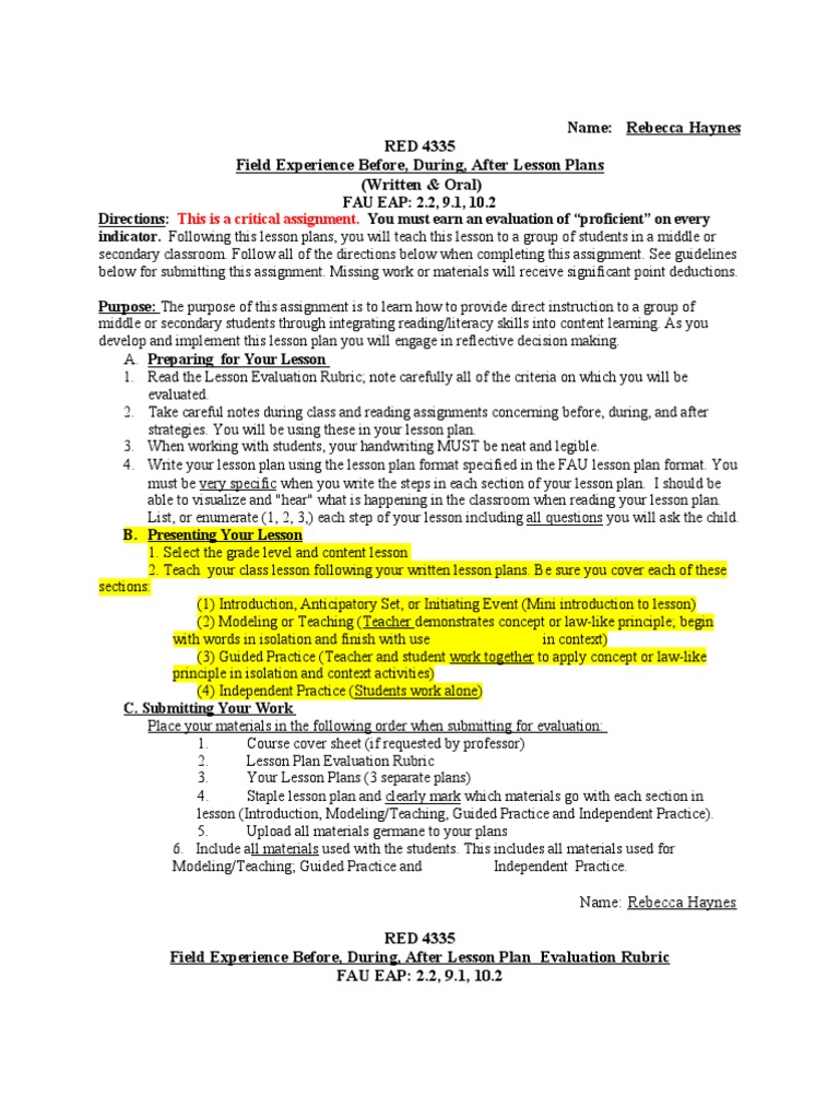 RED 4335 Field Experience Information Lesson Plan Template and Rubric (3) Lesson Plan Rubric