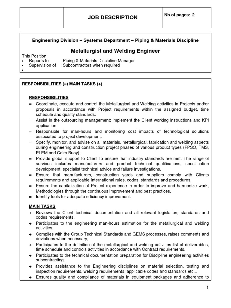 Job Description Welding Engineer Vierge PDF Engineer Engineering