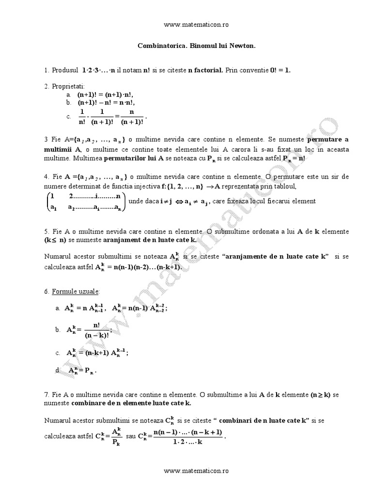 Combinatorica Binomul Lui Newton PDF | PDF