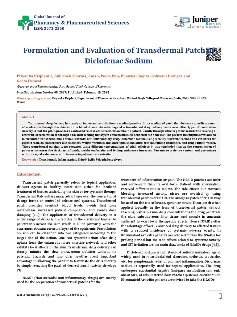 Formulation and Evaluation of Transdermal Patch of Diclofenac Sodium ...