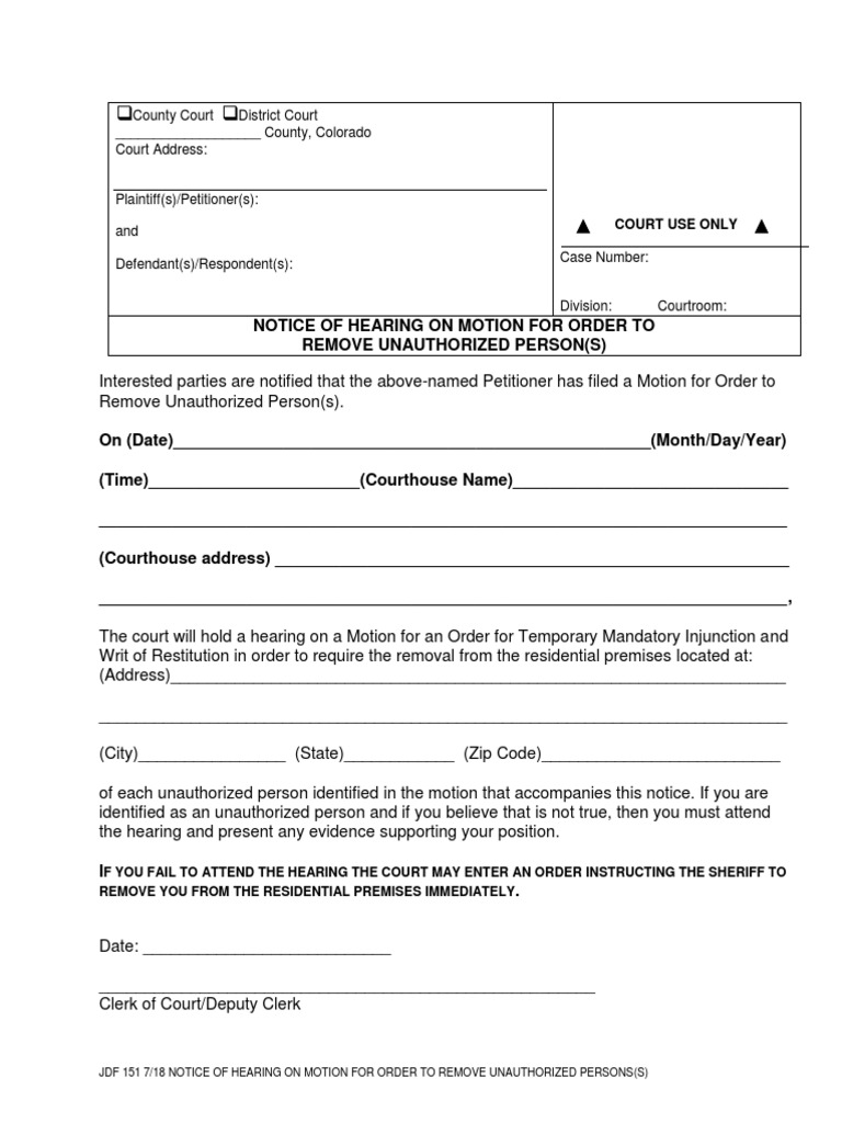 JDF 151 - Notice of Hearing On Motion For Order To Remove Unauthorized ...