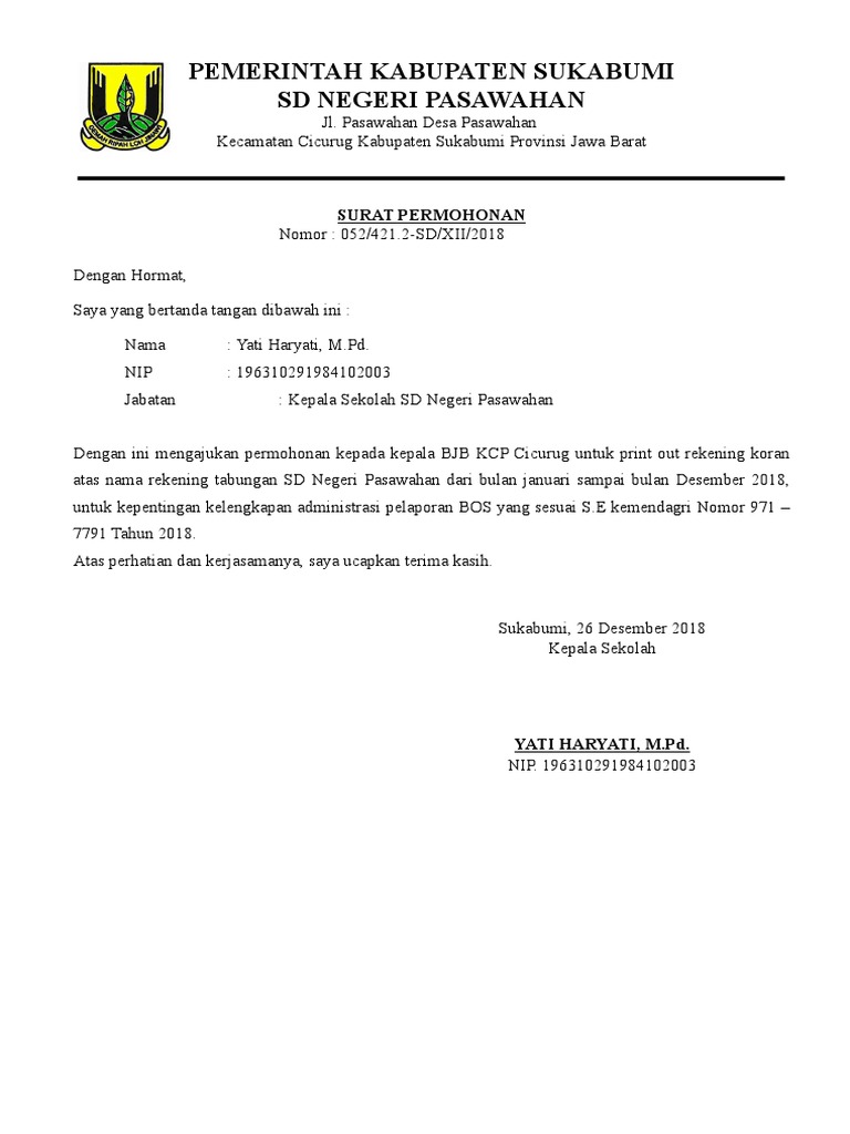 Surat Permohonan Cetak Rekening Koran Bjb Contoh surat