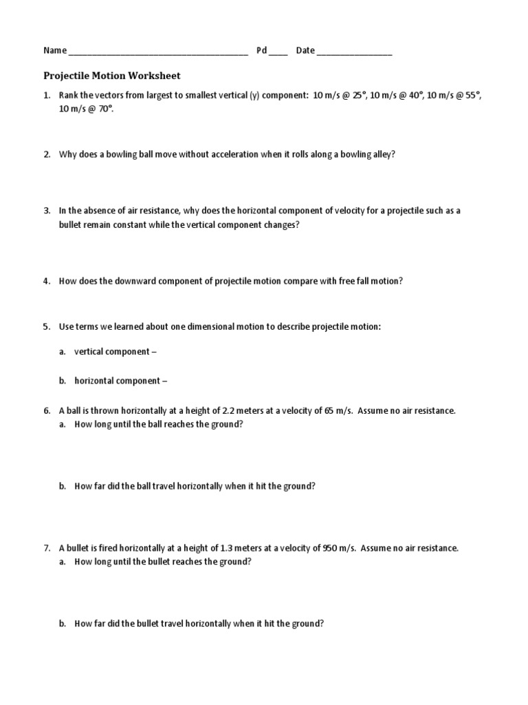 Projectile Motion Worksheet | PDF | Projectiles | Force