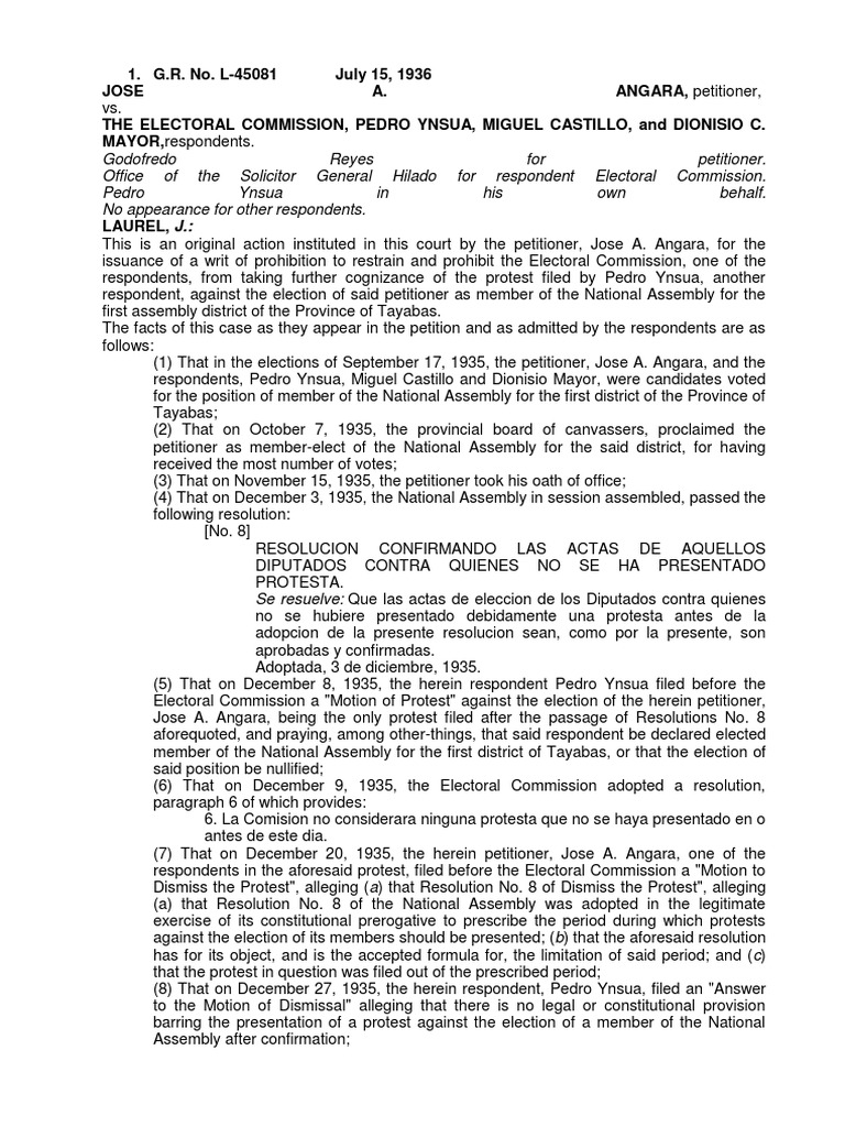 Angara vs. Electoral Commission Case Summary | PDF | Constitution ...