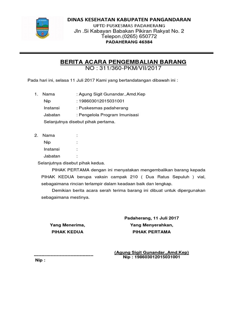 Berita Acara Pengembalian Barang Vaksin | PDF