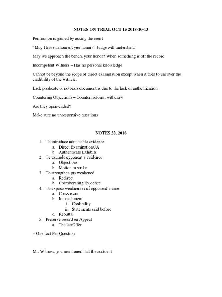 Notes On Trial Oct 15 2018 | PDF | Law