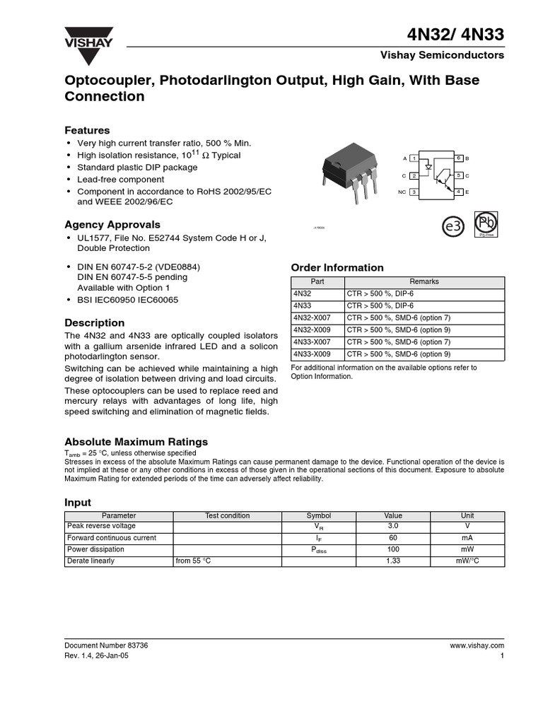 Optocoupler, Photodarlington Output, High Gain, With Base Connection