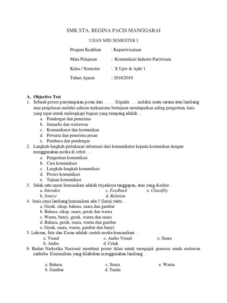 Soal Komunikasi Industri Pariwisata Kelas 1 Soal Komunikasi Industri Pariwisata Kelas 1