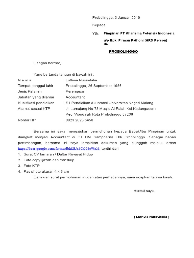 Surat Lamaran Dan Cv Pt Kharisma Indo