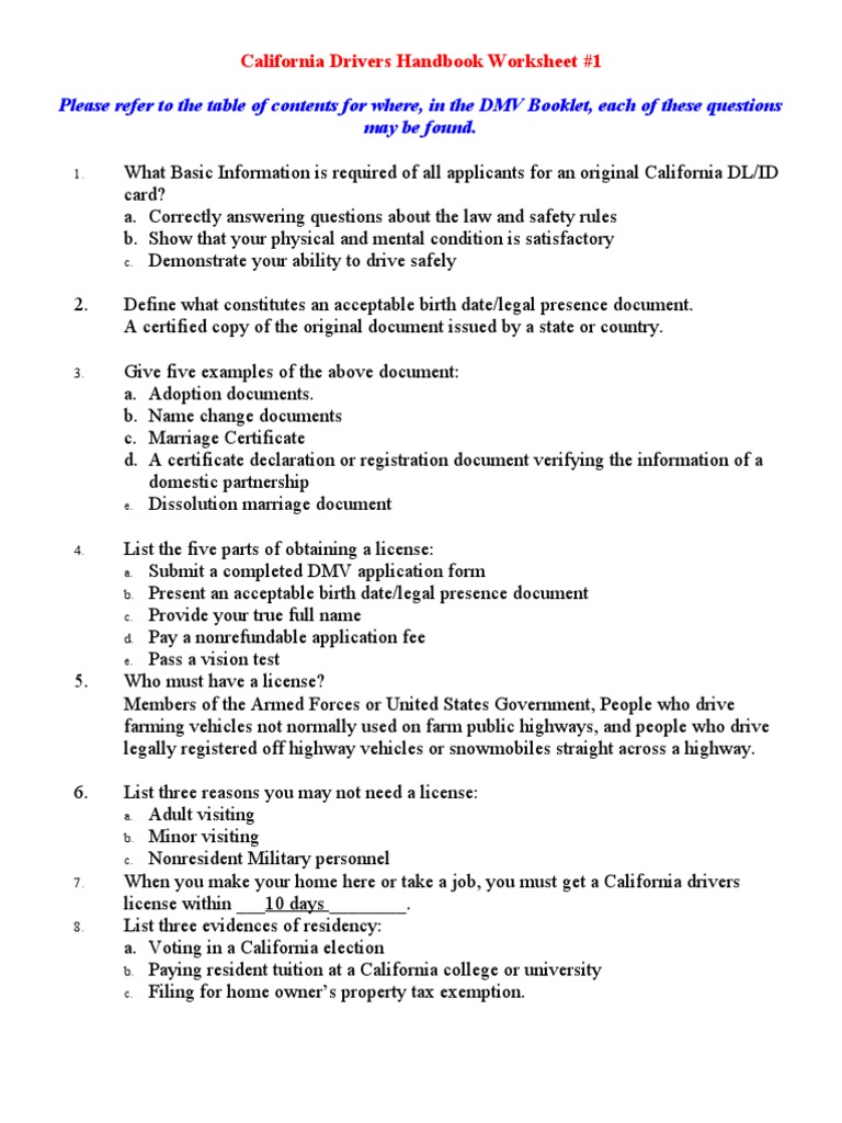 California Drivers Handbook Worksheet 1 PDF Department Of Motor