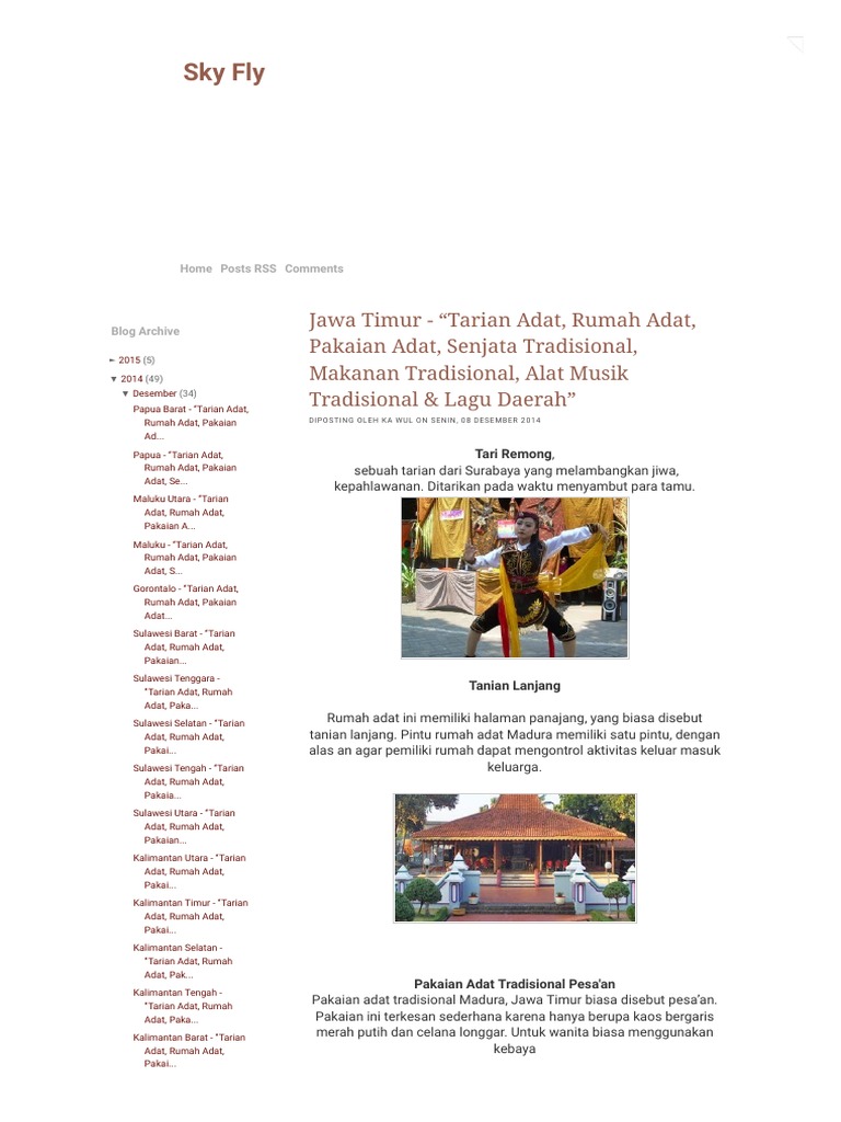 Sky Fly - Jawa Timur - 'Tarian Adat, Rumah Adat, Pakaian Adat, Senjata  Tradisional, Makanan Tradisional, Alat Musik Tradisional & Lagu Daerah' |  PDF