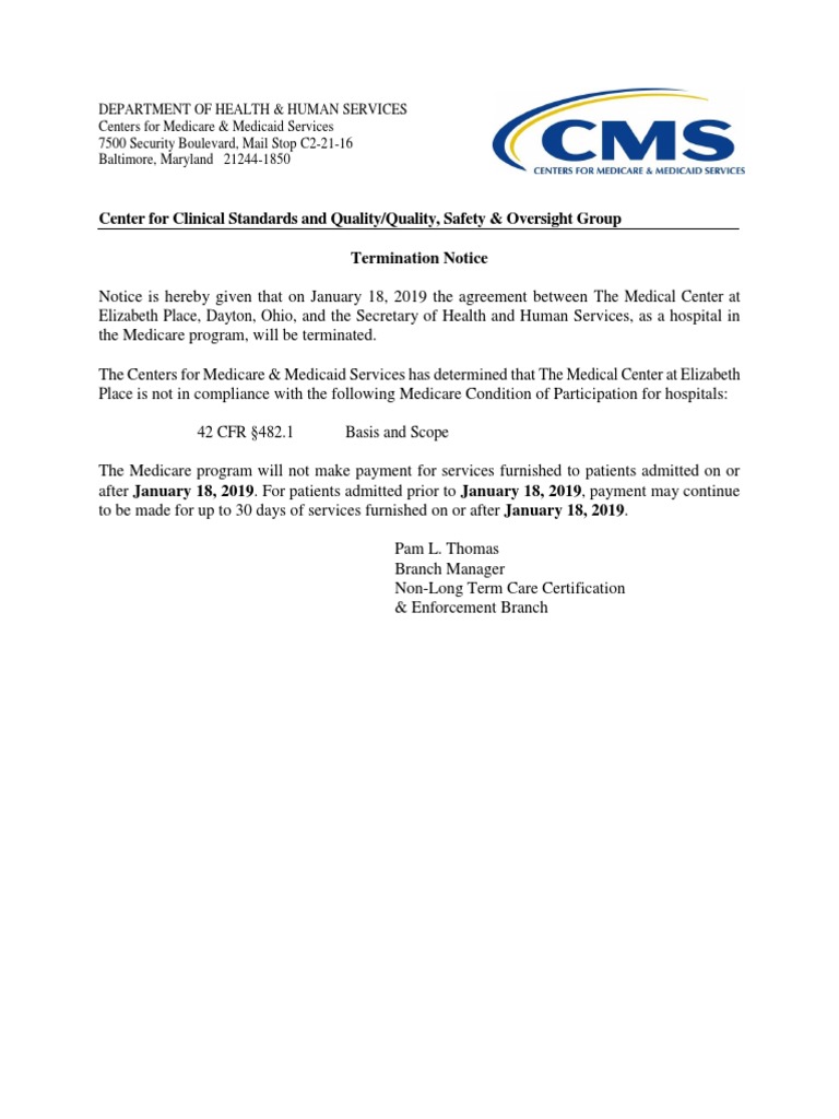 Termination Notice Ohio The Medical Center at Elizabeth Place PDF