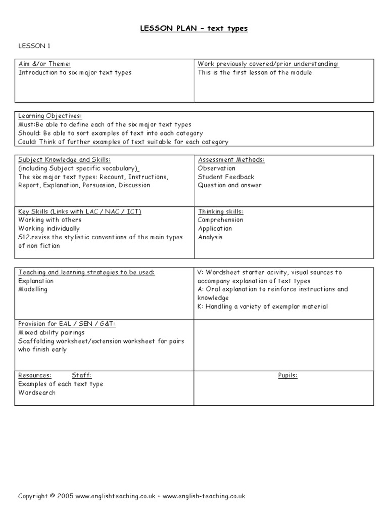 11 WK 3 Lessonplantexttypes | PDF | Reading Comprehension | Educational ...