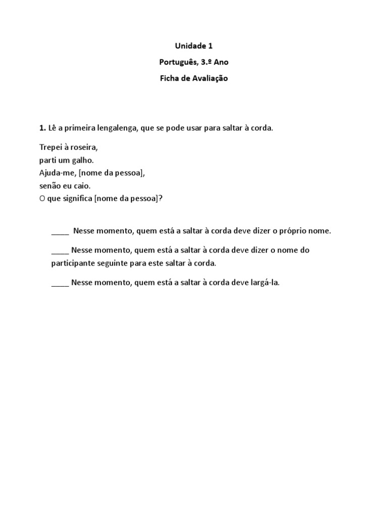 Avaliação de Português 3.º Ano | PDF | Artes Linguísticas e Disciplina
