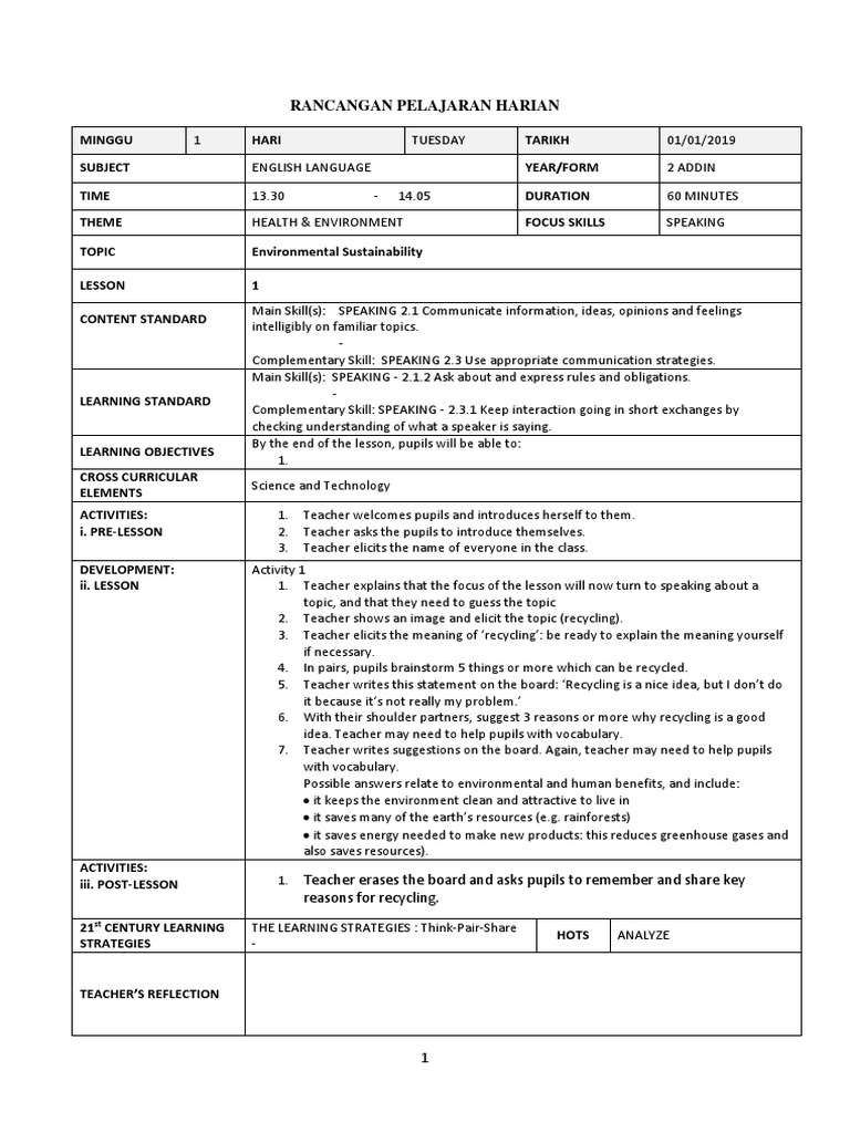 Sample Lessons Plan English CEFR Form 1 and Form 2 | PDF | Lesson Plan |  Teachers