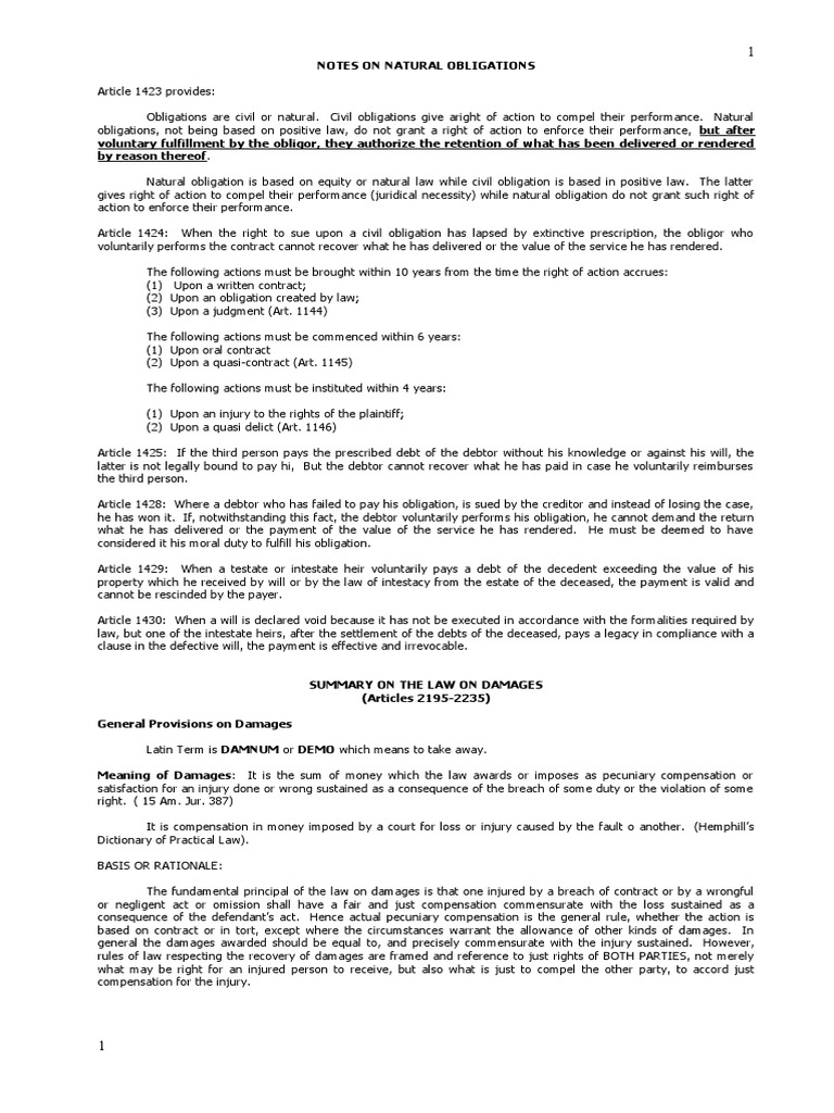 Natural Obligations and Damages Explained | PDF | Liquidated Damages ...