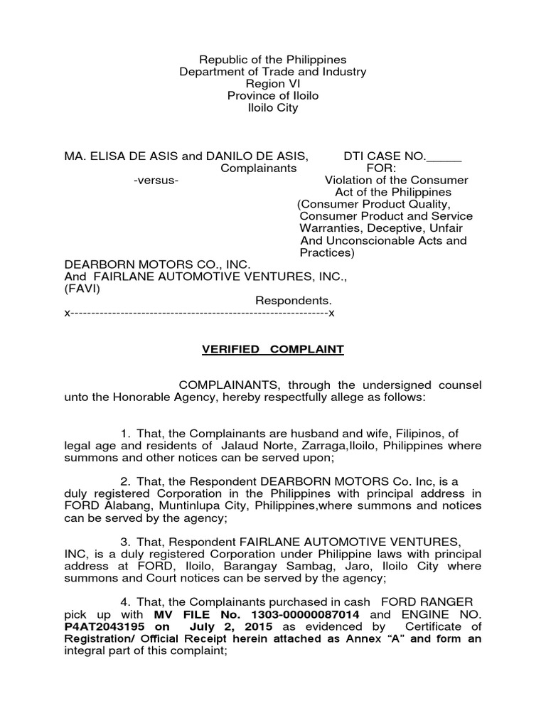Dti de asis complaint pdf ford motor company car