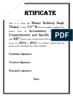 Certificate: Master Kuldeep Singh Thakur XII B Accountancy Comprehensive and Specific Project XII 2014 - 2015