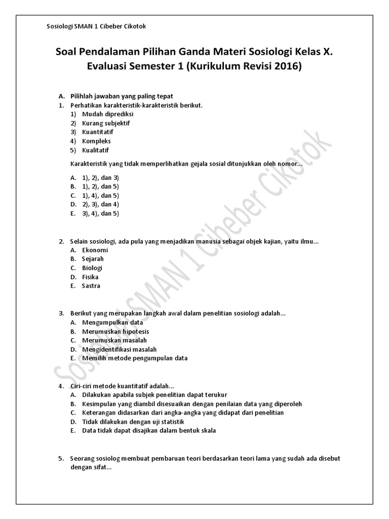 Soal Sosiologi Kls X Sem 2 Materi Penelitian D