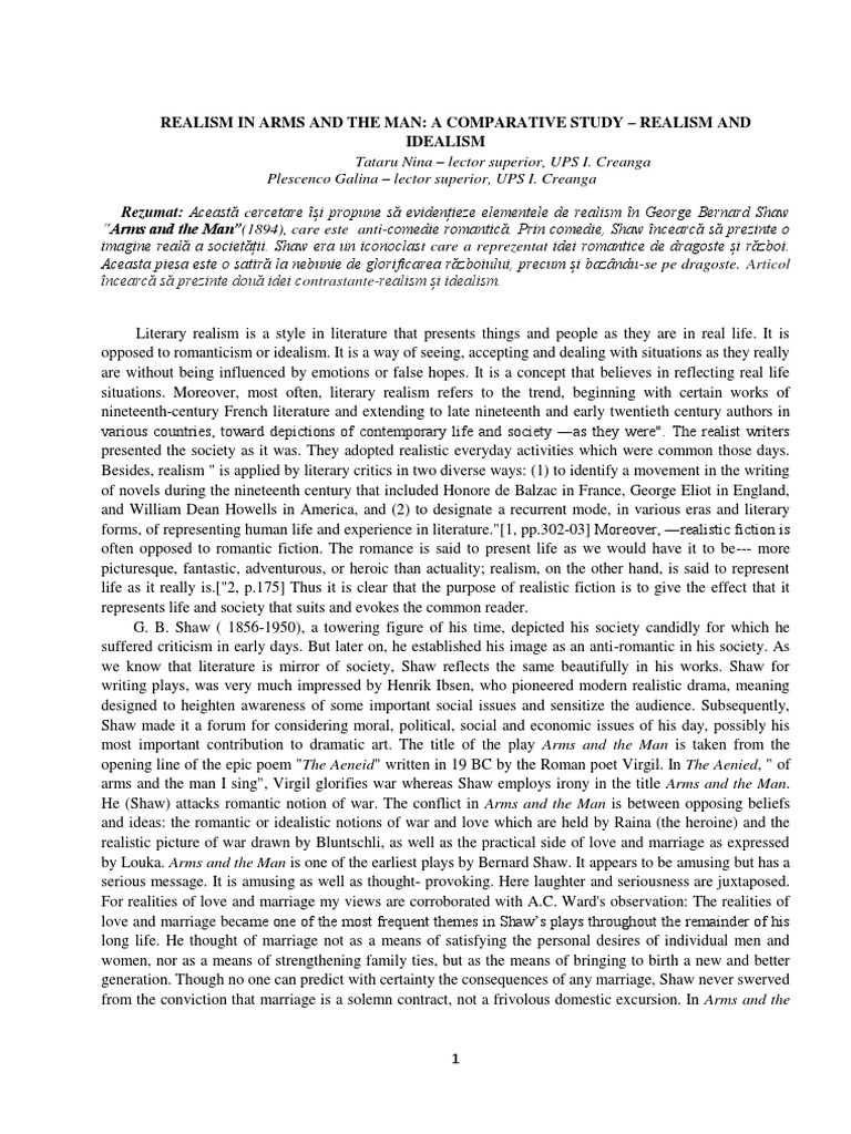 REALISM AND IDEALISM IN ARMS AND THE MAN PDF Bernard Shaw Realism (Arts)