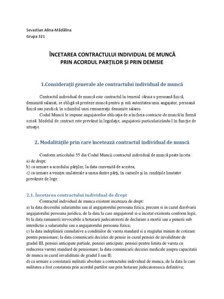 Incetarea Contractului Individual De MuncÄƒ Sevastian Alina