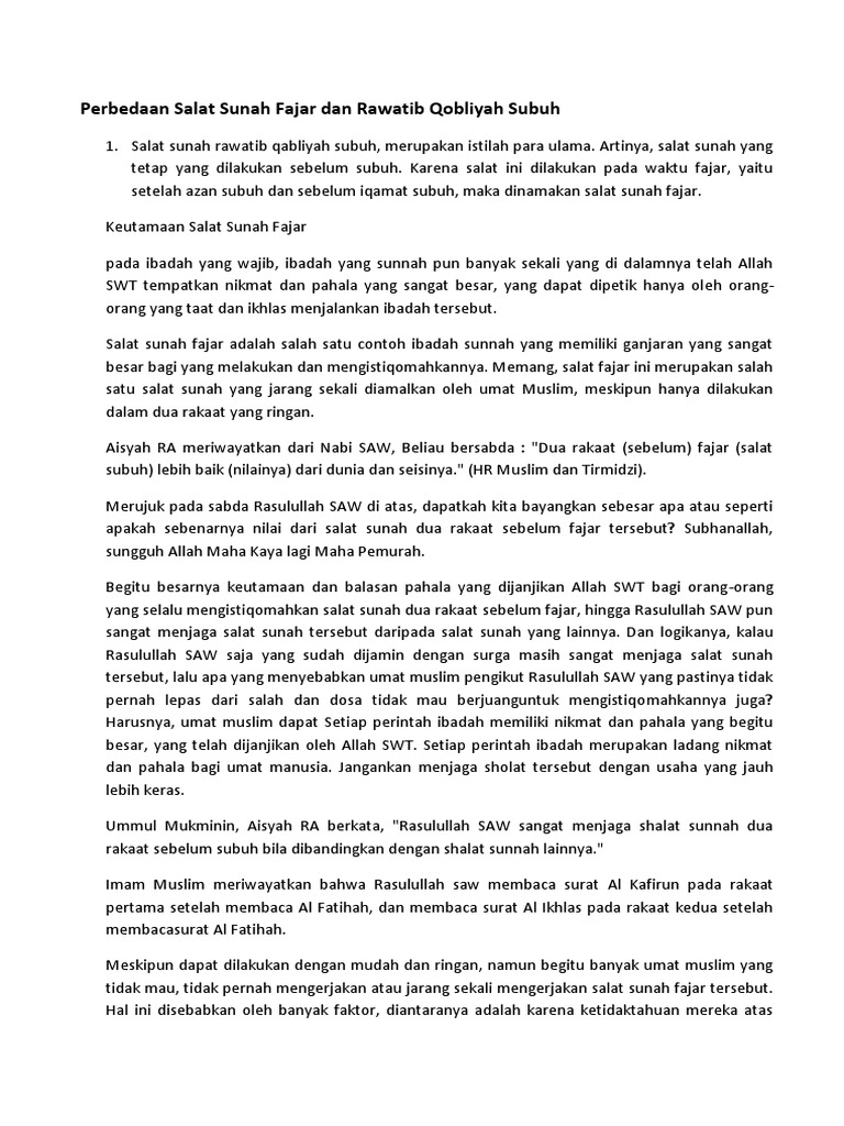Perbedaan Salat Sunah Fajar Dan Rawatib Qobliyah Subuh