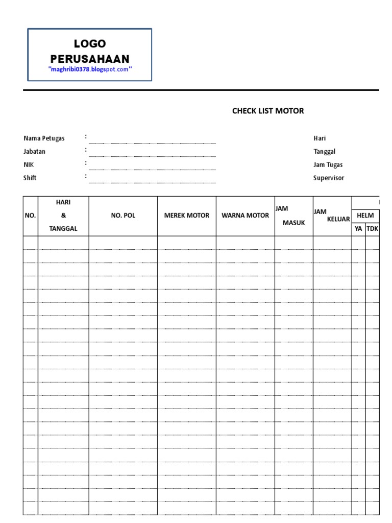 Checklist Pemantauan Motor Harian | PDF