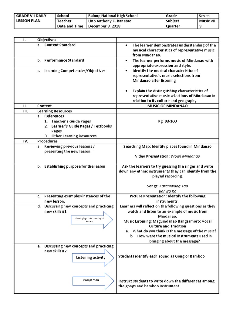 Mindanao Music Lesson Plan for Grade 7 | PDF | Lesson Plan | Learning