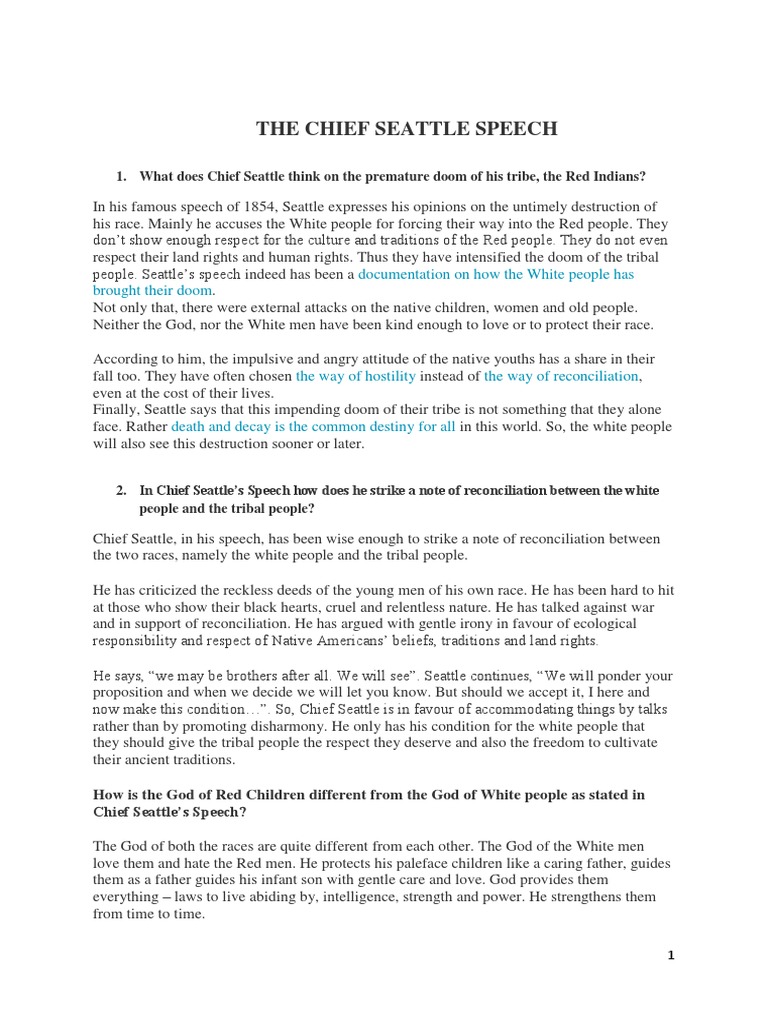 The Chief Seattle Speech PDF Native Americans In The United States