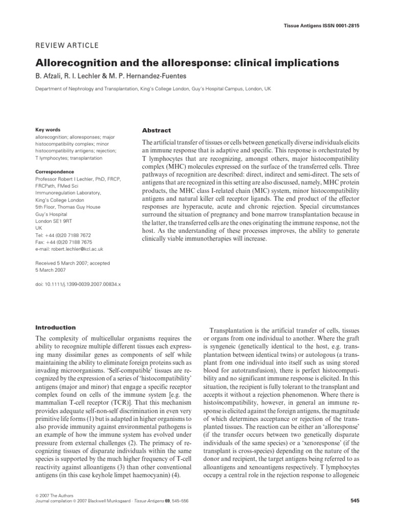 Allorecognition in Transplantation Rejection | PDF | Major ...