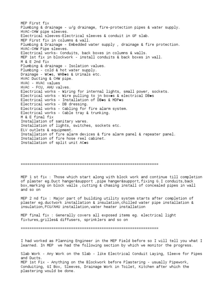 Understanding MEP 1st, 2nd and 3rd Fix Works | PDF | Duct (Flow ...