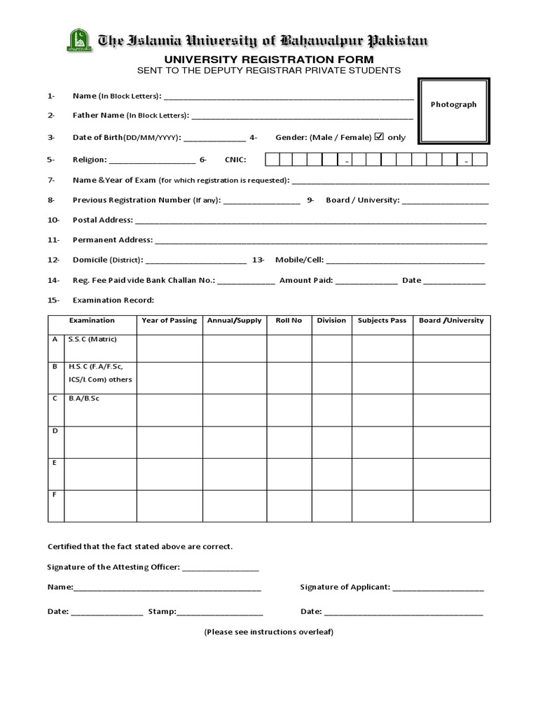 University Registration Form for Private Students | PDF | Government ...
