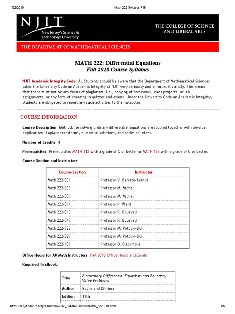 Math 222 Syllabus NJIT PDF Ordinary Differential Equation