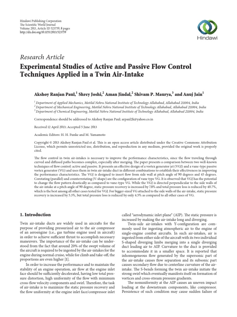 Research Article: Experimental Studies of Active and Passive Flow ...