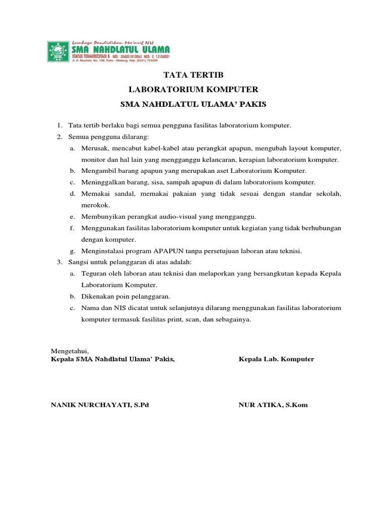 Contoh Tata Tertib Pengguna Lab SMA PDF