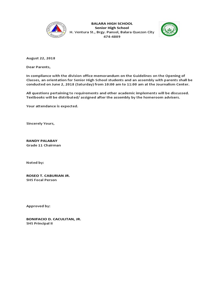 Letter Request For Chairs PDF