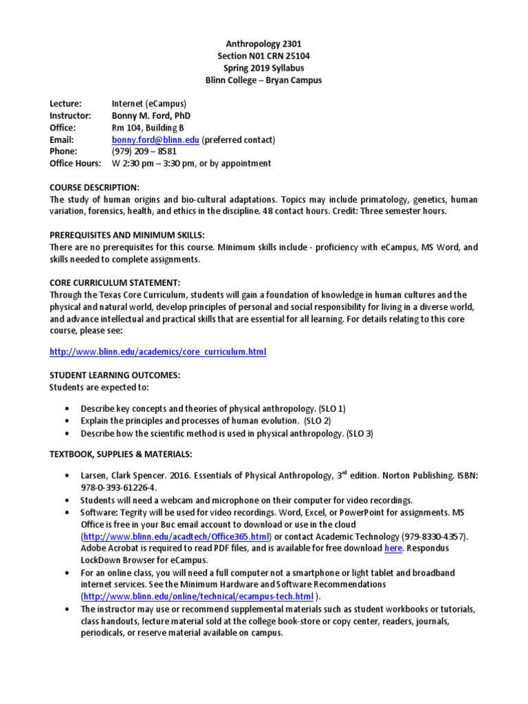 Anth 2301 Syllabus Spring 2019 Pdf Internet Forum Test Assessment