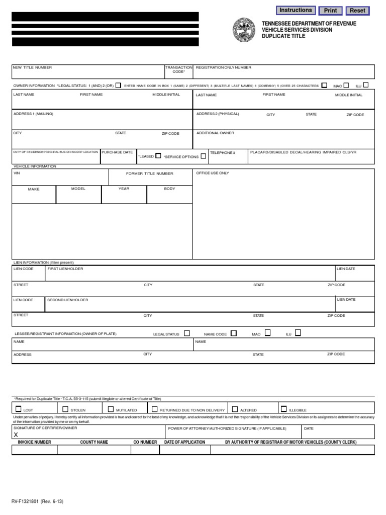 Tennessee Department of Revenue Vehicle Services Division Duplicate