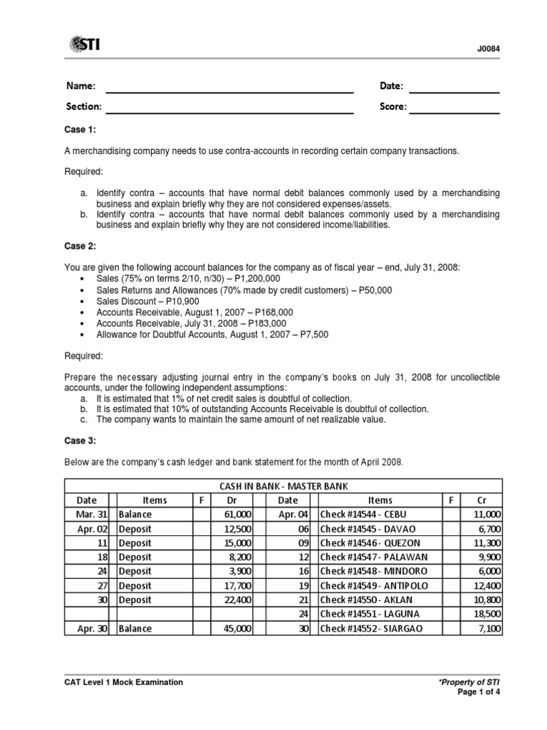 CAT Level 1 Mock Exam Overview | PDF | Debits And Credits | Services ...