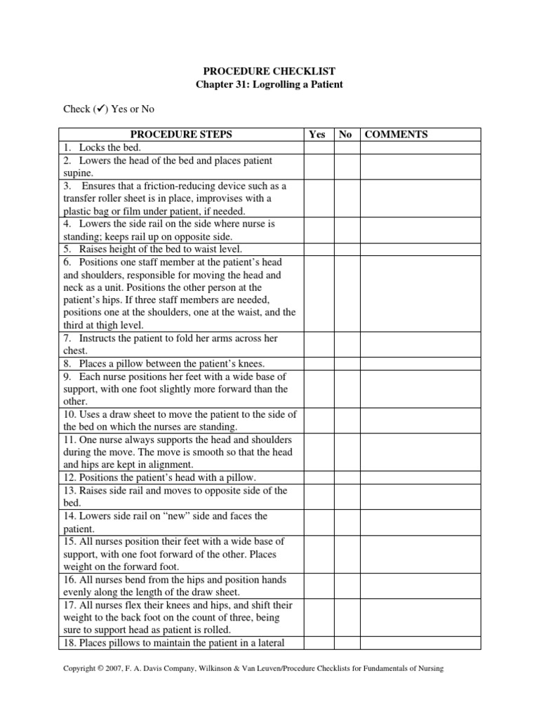 Procedure Checklist Chapter 31: Logrolling A Patient | PDF