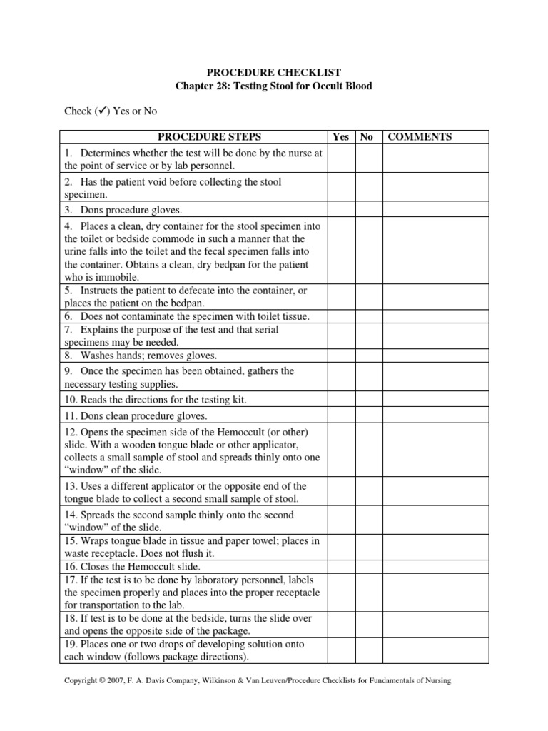 Procedure Checklist Chapter 28: Testing Stool For Occult Blood | PDF