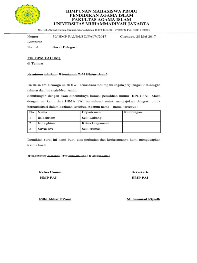 Surat Delegasi Surat proposal tugas atau keterangan dan lain lain ini hanyalah panduan dan contoh semata semua isi dan inti dari surat tersebut nanti silahkan sesuaikan dengan kebutuhan anda Kami tidak bertanggung jawab apabila nanti ada permasalahan yang muncul di karenakan anda mengambil contoh dari blog ini.