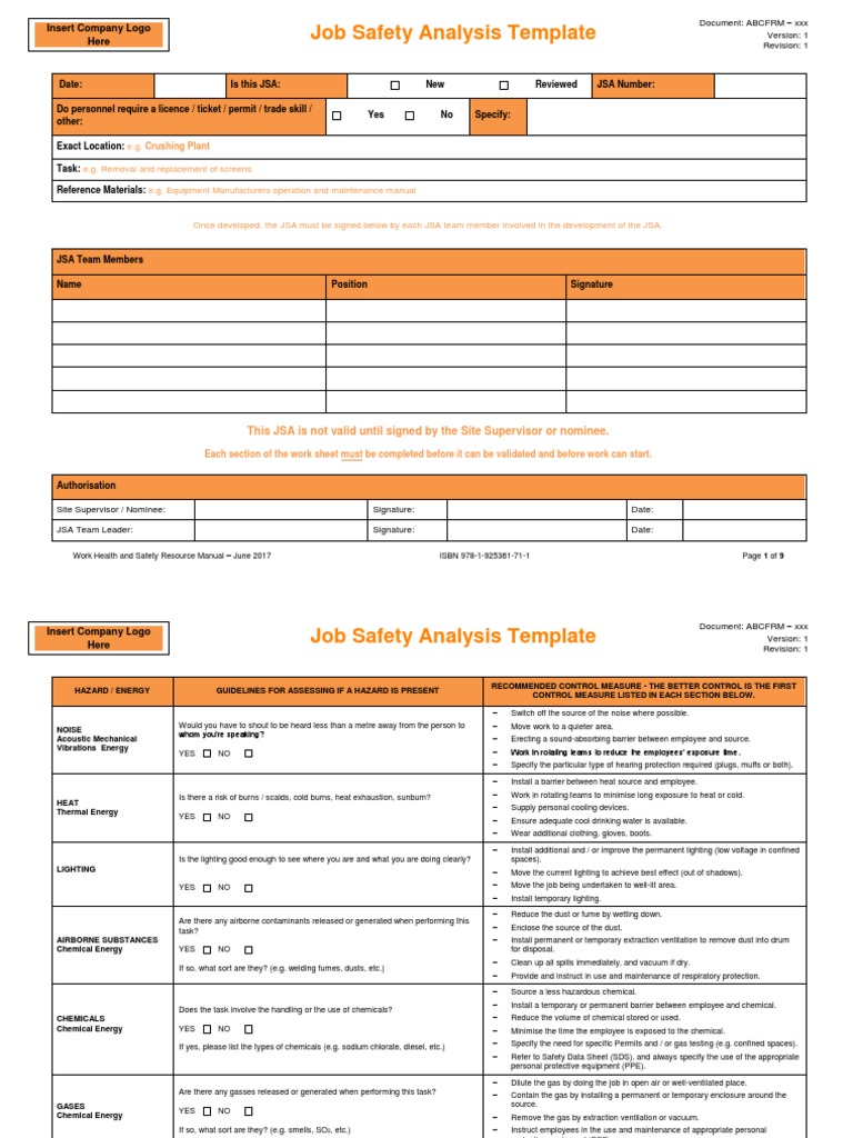 Job Safety Analysis Template PDF Prevention Safety