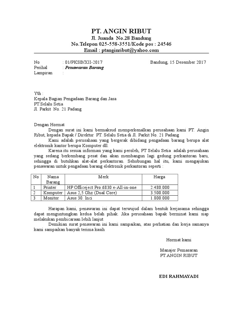 3 Buah Contoh Surat Penawaran Barang Dan Balasannya 2018 Pdf