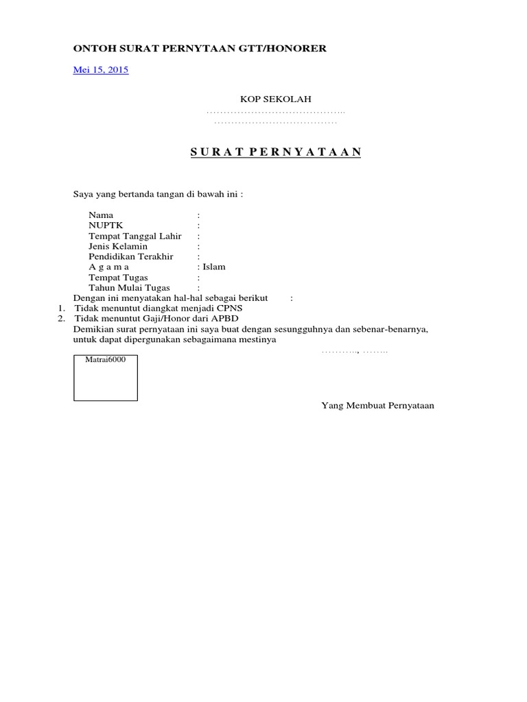 Contoh Surat Pernyataan Honor Pdf