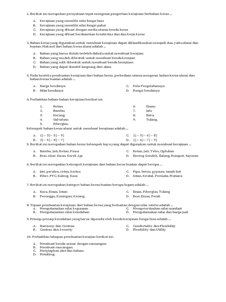 Soal Kerajinan Bahan Keras
