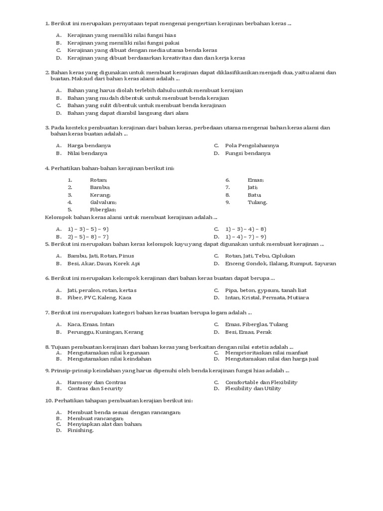 Soal Ulangan Prakarya Kelas 9 Bab Kerajinan Bahan Keras